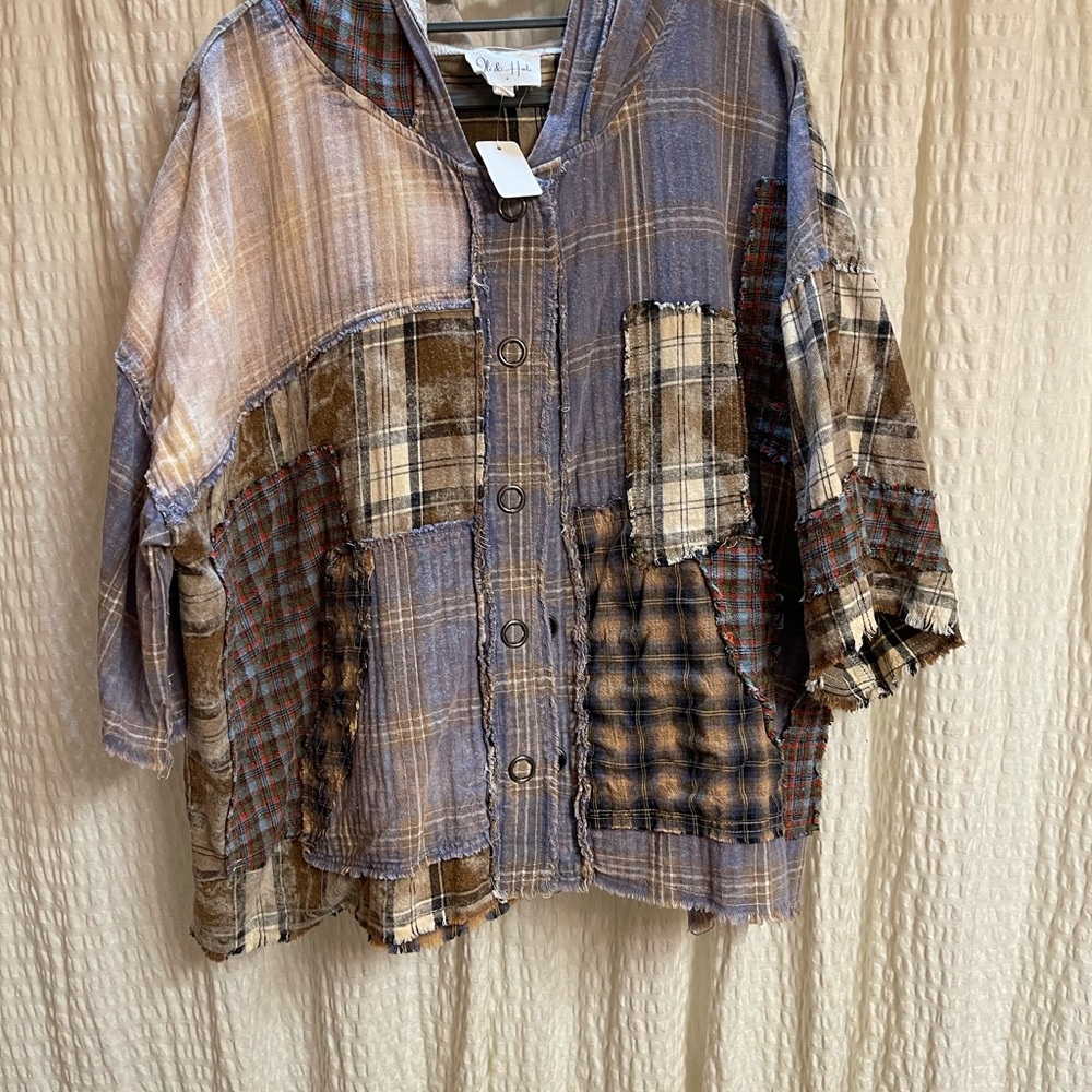 Oli & Hali Patchwork Button-Down Shirt Jacket in Blue, Brown, Cream